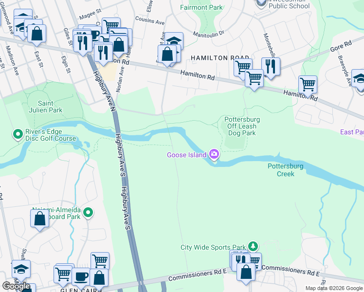 map of restaurants, bars, coffee shops, grocery stores, and more near 24 Meadowlily Road South in London