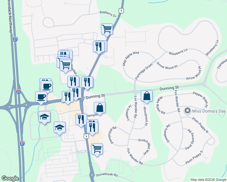 map of restaurants, bars, coffee shops, grocery stores, and more near 110 Dunning Street in Ballston Spa