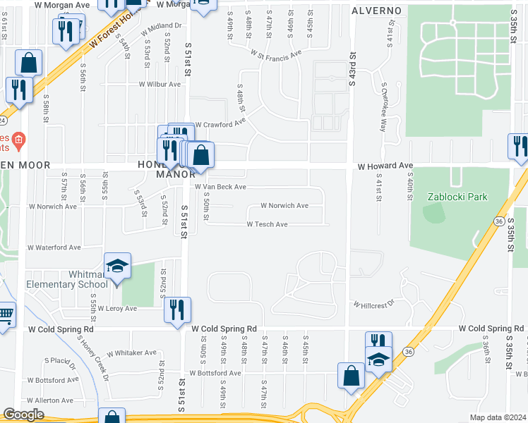 map of restaurants, bars, coffee shops, grocery stores, and more near 4703 West Norwich Avenue in Greenfield