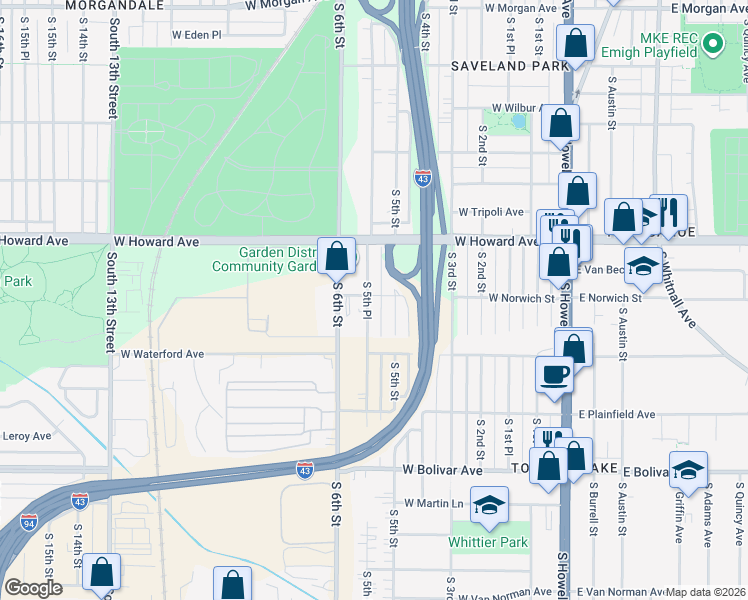map of restaurants, bars, coffee shops, grocery stores, and more near 4000 South 5th Place in Milwaukee