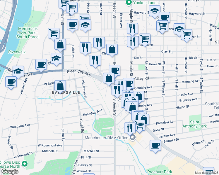 map of restaurants, bars, coffee shops, grocery stores, and more near 111 South Willow Street in Manchester