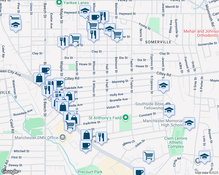 map of restaurants, bars, coffee shops, grocery stores, and more near 55 South Hall Street in Manchester