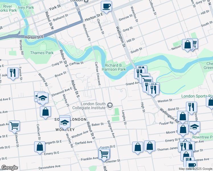 map of restaurants, bars, coffee shops, grocery stores, and more near 68 Grand Avenue in London