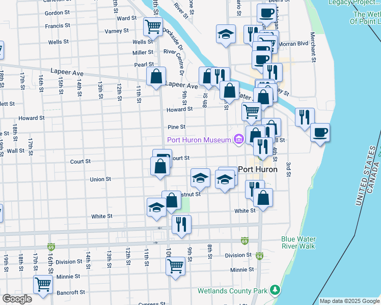 map of restaurants, bars, coffee shops, grocery stores, and more near 1110 9th Street in Port Huron