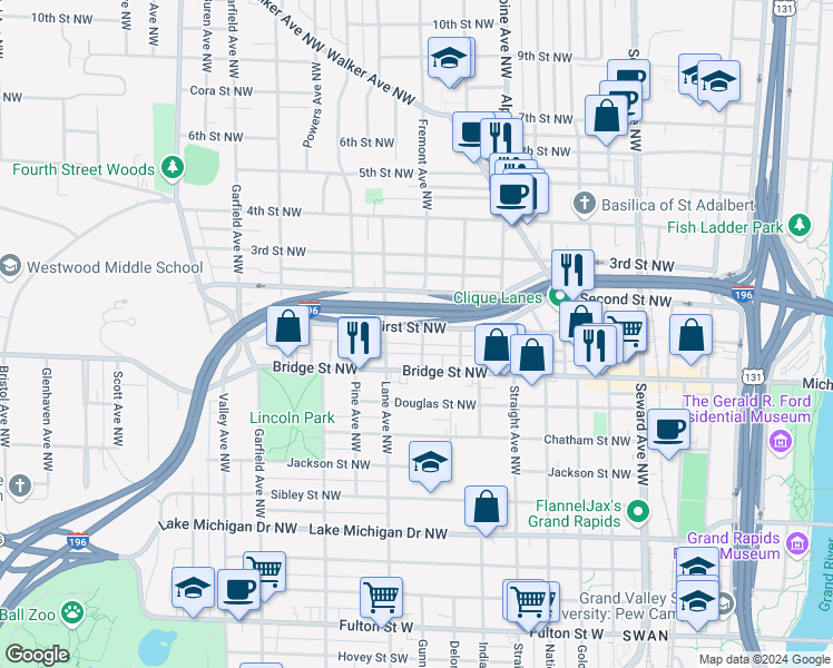 map of restaurants, bars, coffee shops, grocery stores, and more near 916 First Street Northwest in Grand Rapids