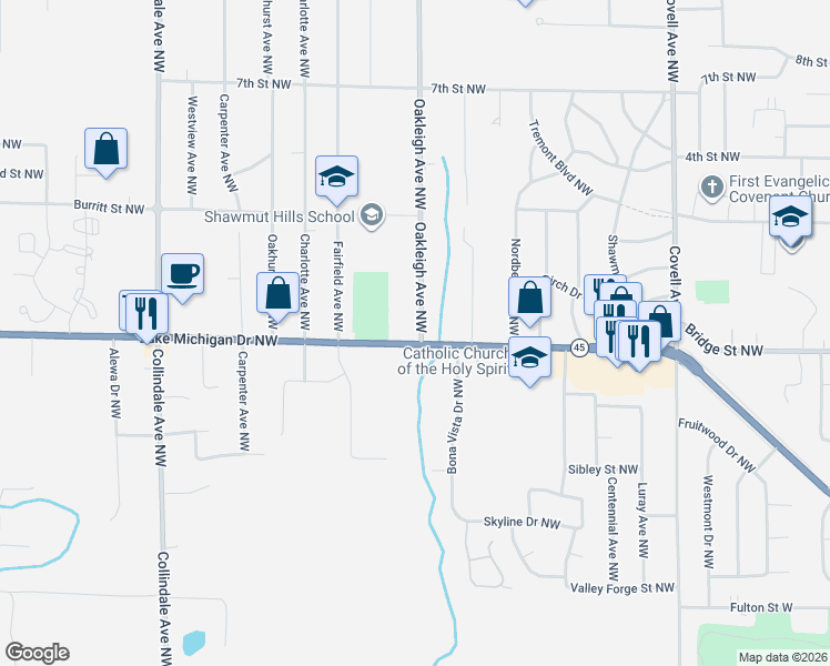 map of restaurants, bars, coffee shops, grocery stores, and more near 410 Oakleigh Avenue Northwest in Grand Rapids