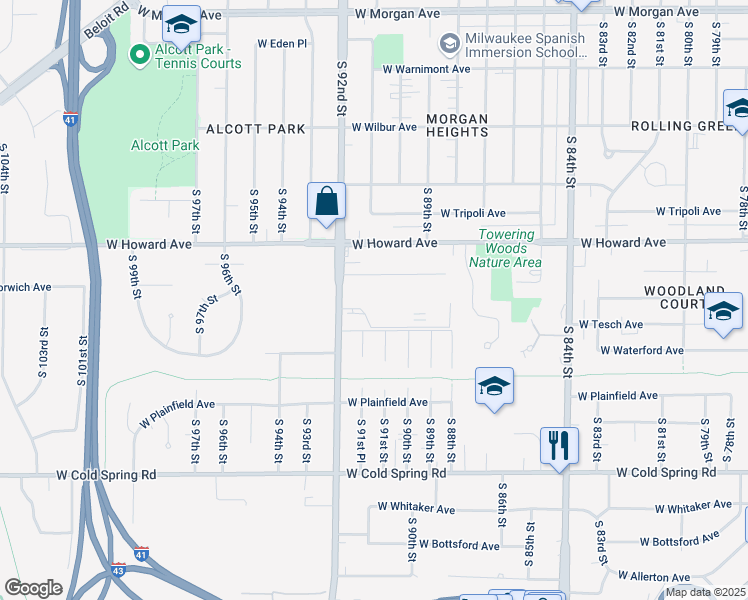 map of restaurants, bars, coffee shops, grocery stores, and more near 9049 West Waterford Square South in Greenfield