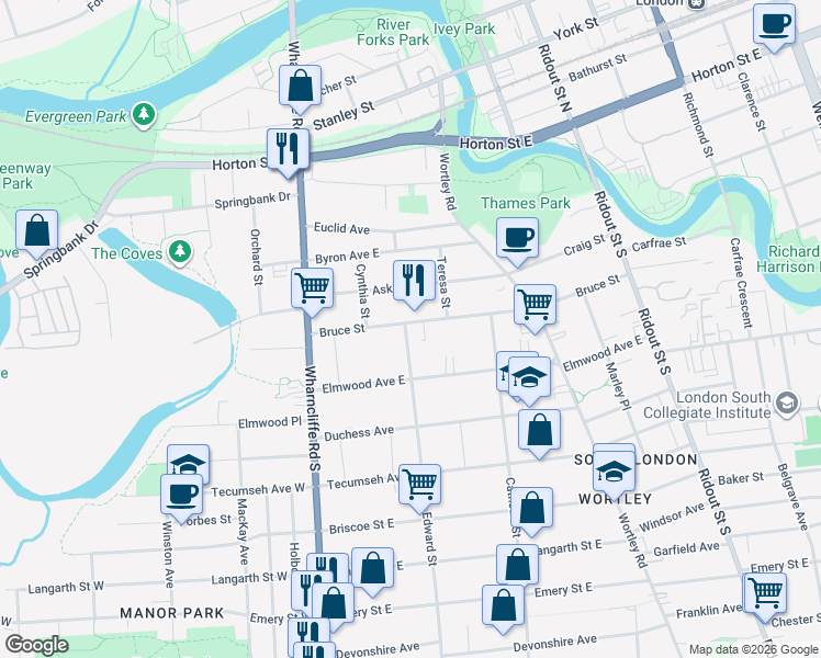 map of restaurants, bars, coffee shops, grocery stores, and more near in London