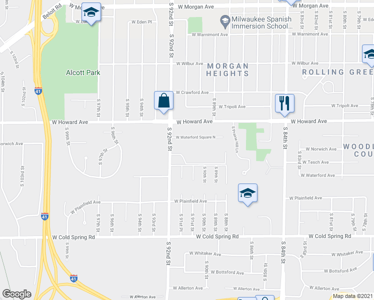 map of restaurants, bars, coffee shops, grocery stores, and more near 9049 West Waterford Square South in Greenfield
