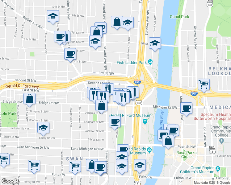map of restaurants, bars, coffee shops, grocery stores, and more near 500 Alabama Avenue Northwest in Grand Rapids