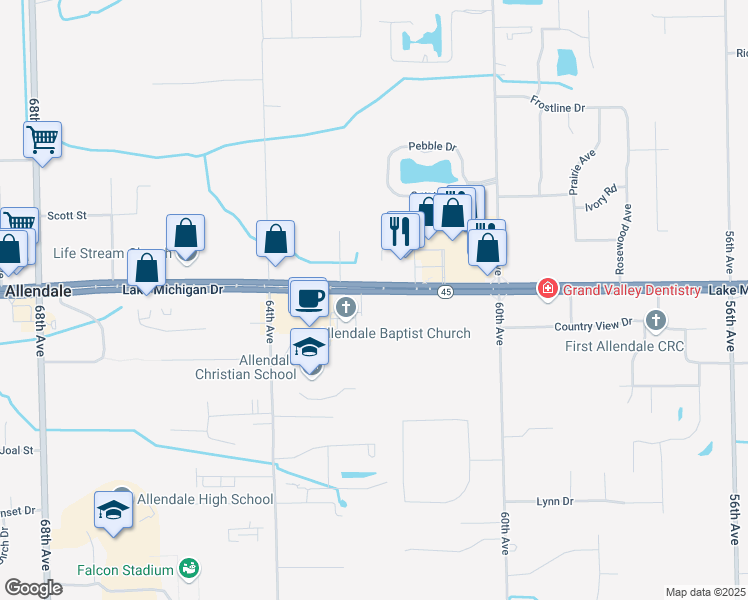 map of restaurants, bars, coffee shops, grocery stores, and more near 11160 W.J. Presley Parkway in Allendale Charter Township