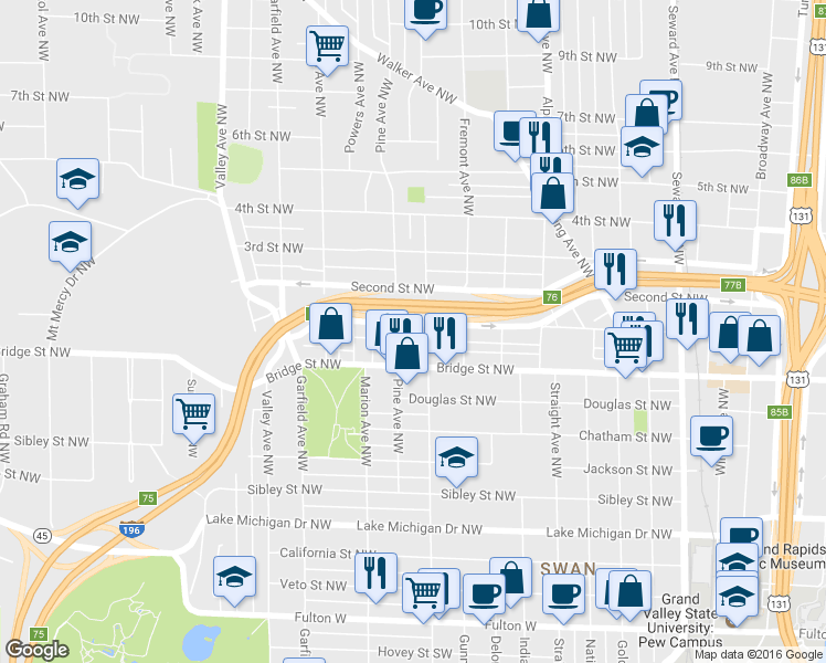 map of restaurants, bars, coffee shops, grocery stores, and more near 1012 1st Street Northwest in Grand Rapids