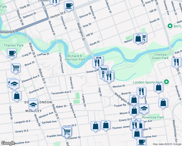 map of restaurants, bars, coffee shops, grocery stores, and more near 119 Grand Avenue in London