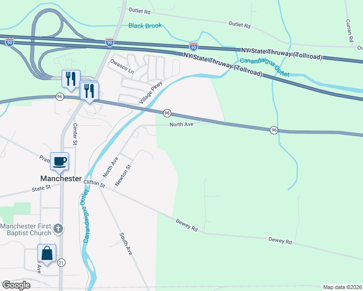 map of restaurants, bars, coffee shops, grocery stores, and more near 3973 North Avenue in Shortsville