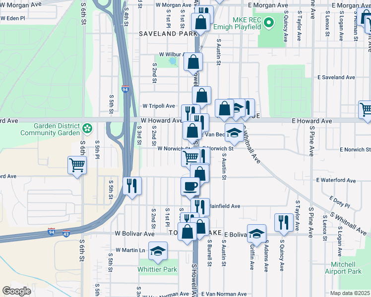 map of restaurants, bars, coffee shops, grocery stores, and more near 122 West Norwich Street in Milwaukee