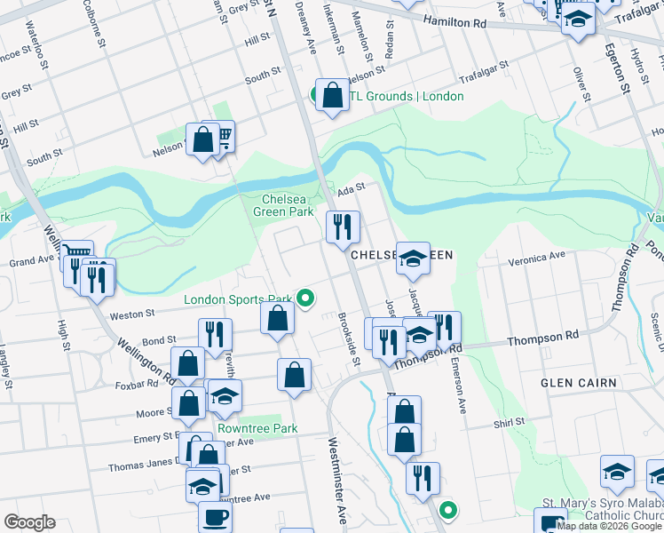 map of restaurants, bars, coffee shops, grocery stores, and more near 44 Brookside Street in London