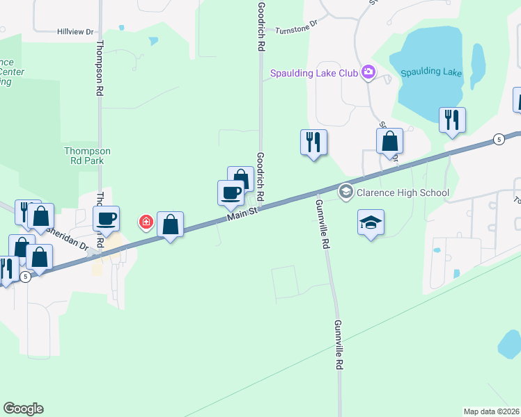 map of restaurants, bars, coffee shops, grocery stores, and more near Main Street & Goodrich Road in Clarence