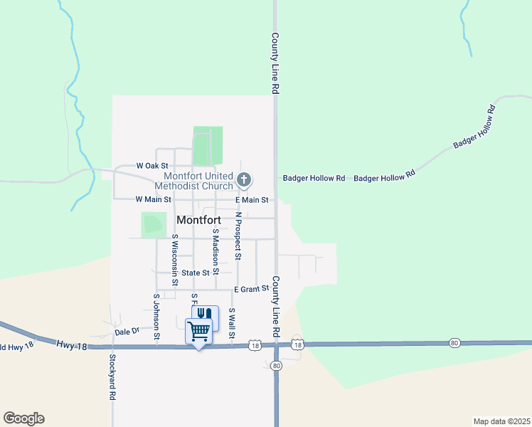 map of restaurants, bars, coffee shops, grocery stores, and more near 402 East Park Street in Montfort