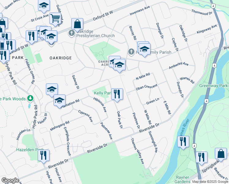 map of restaurants, bars, coffee shops, grocery stores, and more near 509 Oak Park Drive in London