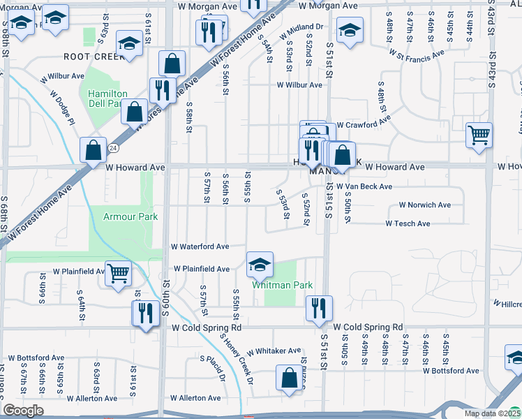 map of restaurants, bars, coffee shops, grocery stores, and more near 5409 West Norwich Street in Milwaukee