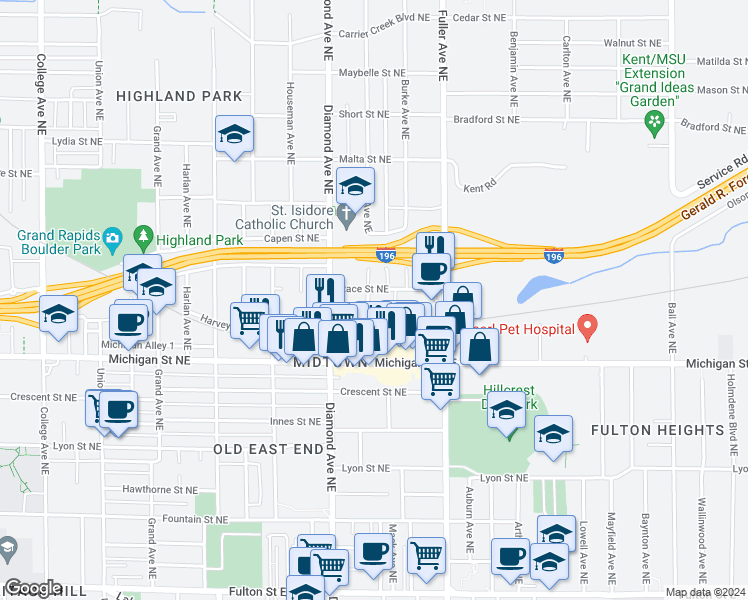 map of restaurants, bars, coffee shops, grocery stores, and more near 466 Spring Avenue Northeast in Grand Rapids