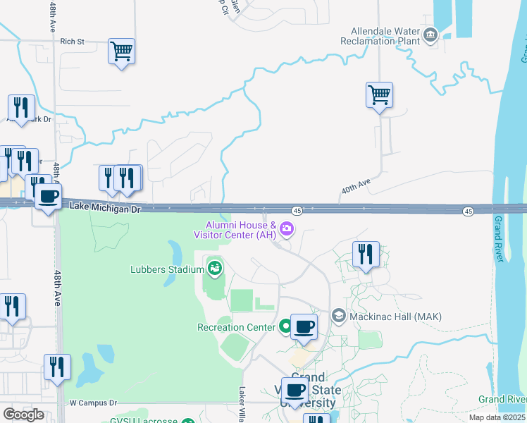 map of restaurants, bars, coffee shops, grocery stores, and more near 1 Campus Drive in Allendale