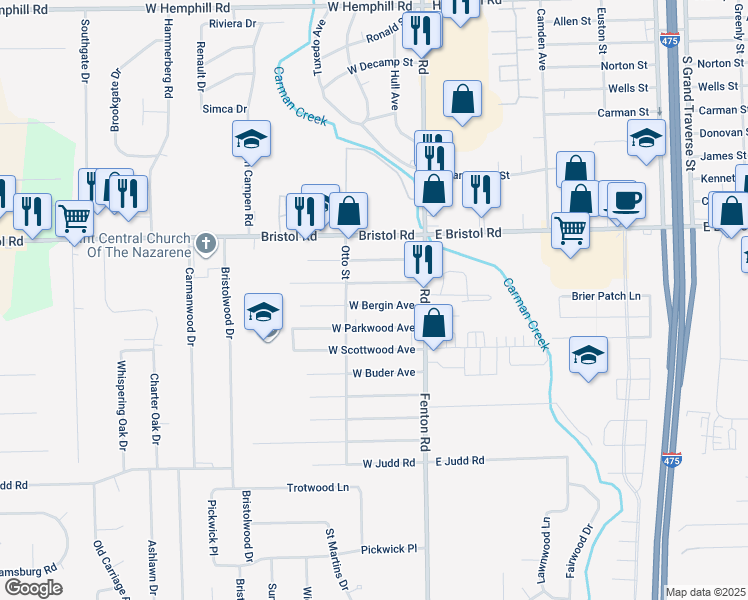 map of restaurants, bars, coffee shops, grocery stores, and more near 1058 West Bergin Avenue in Flint