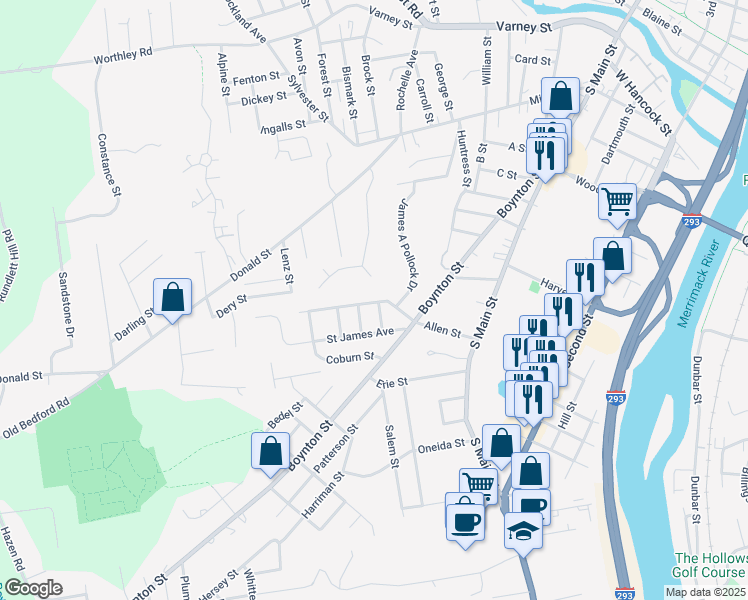 map of restaurants, bars, coffee shops, grocery stores, and more near 99 Allen Street in Manchester