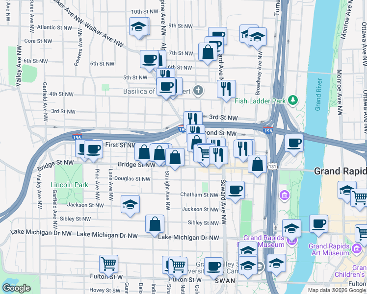 map of restaurants, bars, coffee shops, grocery stores, and more near 736 First Street Northwest in Grand Rapids