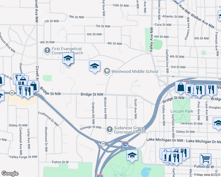 map of restaurants, bars, coffee shops, grocery stores, and more near 1582 Mount Mercy Drive Northwest in Grand Rapids