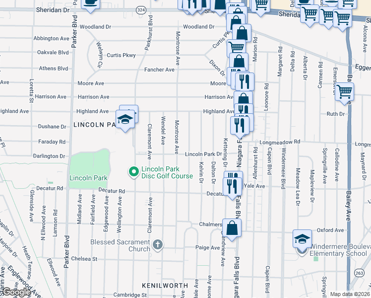 map of restaurants, bars, coffee shops, grocery stores, and more near 172 Conant Dr in Buffalo
