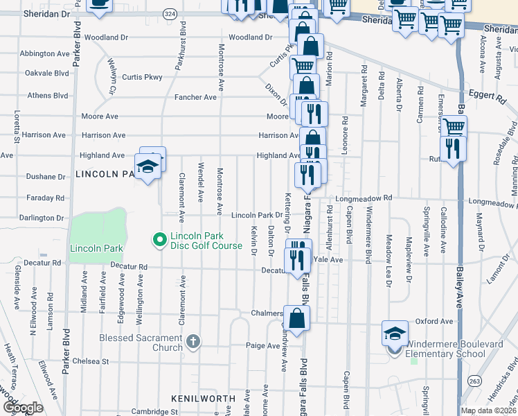map of restaurants, bars, coffee shops, grocery stores, and more near 171 Kelvin Drive in Buffalo