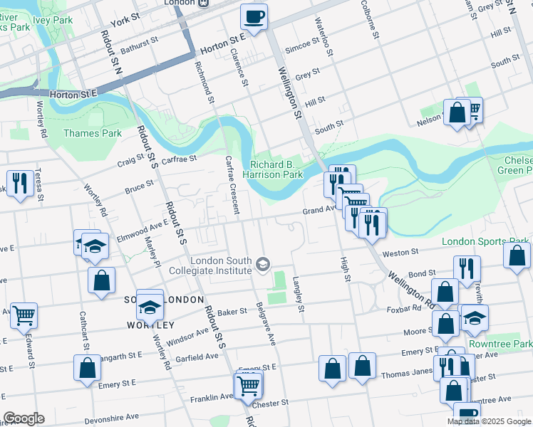 map of restaurants, bars, coffee shops, grocery stores, and more near 68 Grand Avenue in London