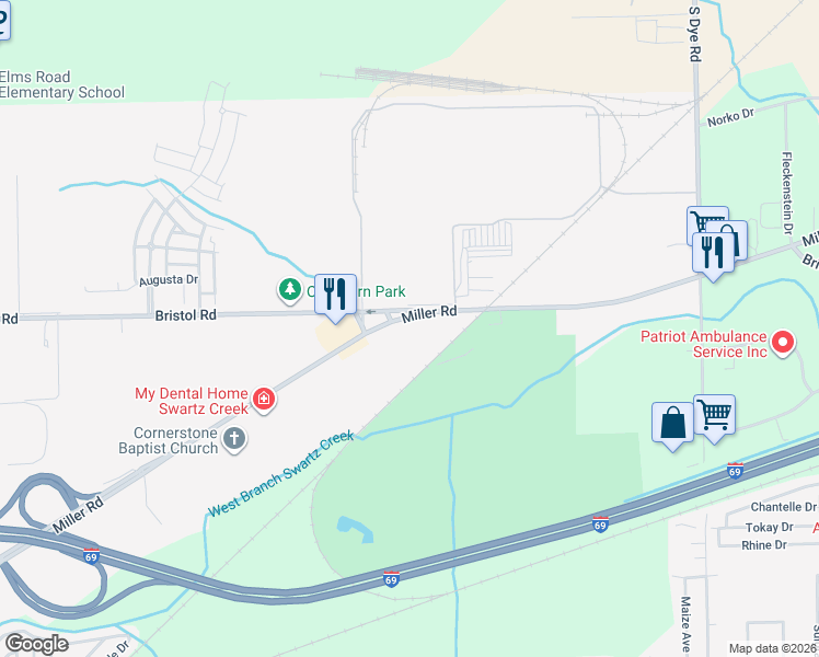 map of restaurants, bars, coffee shops, grocery stores, and more near 6045 Miller Road in Swartz Creek