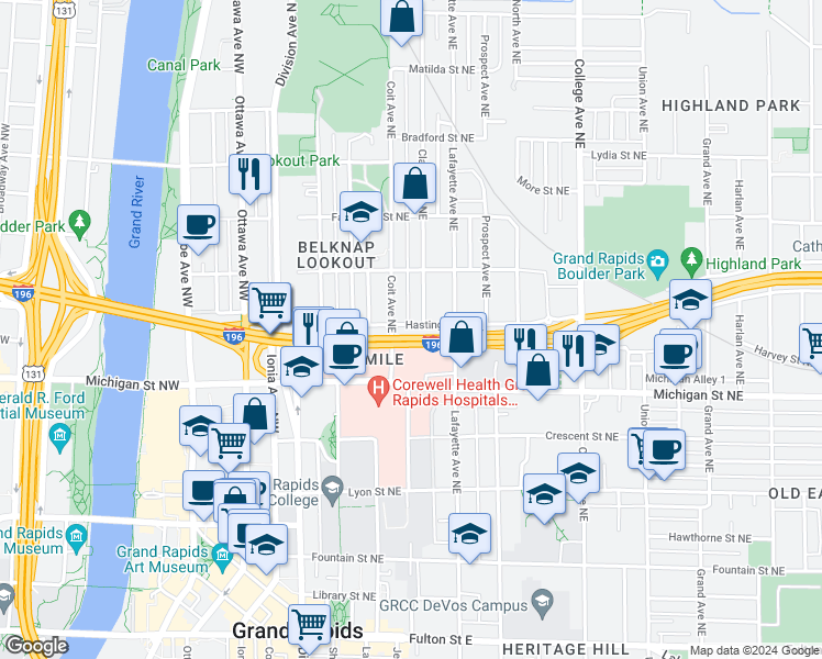 map of restaurants, bars, coffee shops, grocery stores, and more near 224 Hastings Street Northeast in Grand Rapids