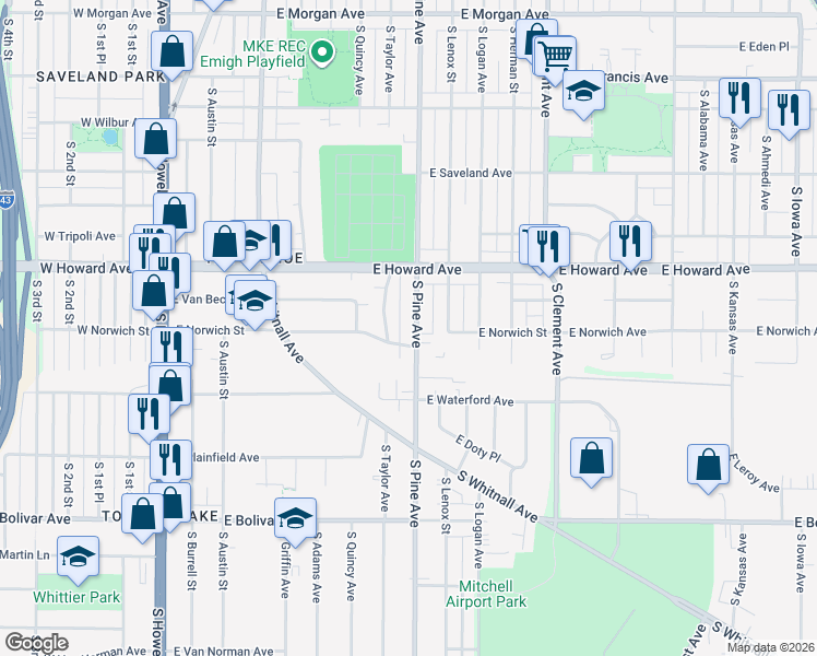 map of restaurants, bars, coffee shops, grocery stores, and more near 3981 South Pine Avenue in Milwaukee