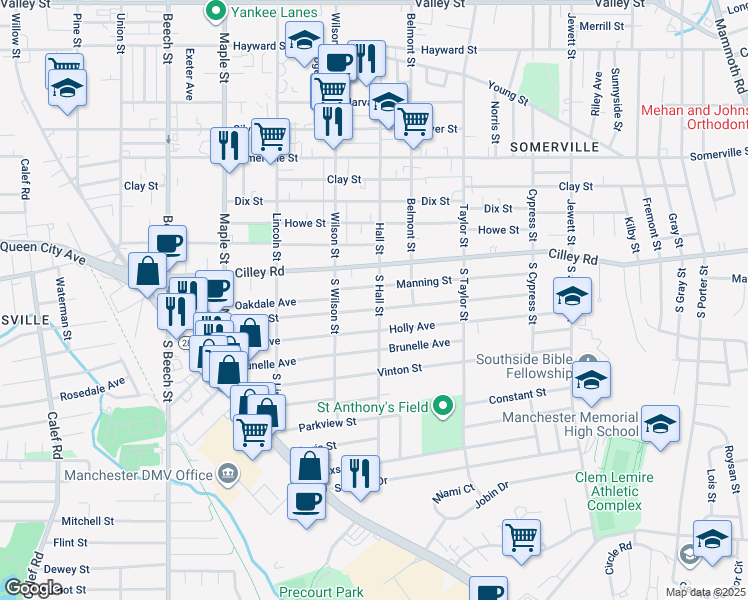 map of restaurants, bars, coffee shops, grocery stores, and more near 55 South Hall Street in Manchester