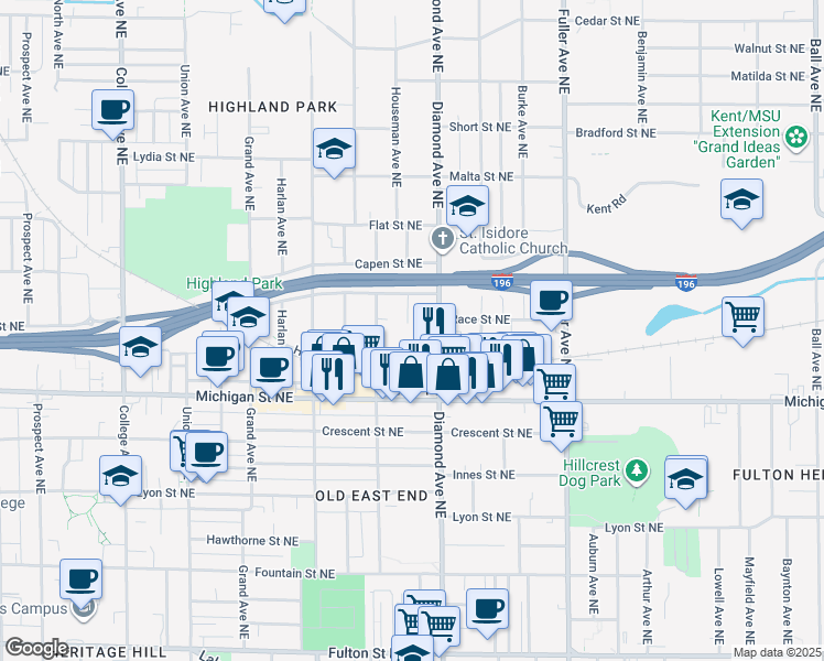 map of restaurants, bars, coffee shops, grocery stores, and more near 468 Tuttle Avenue Northeast in Grand Rapids