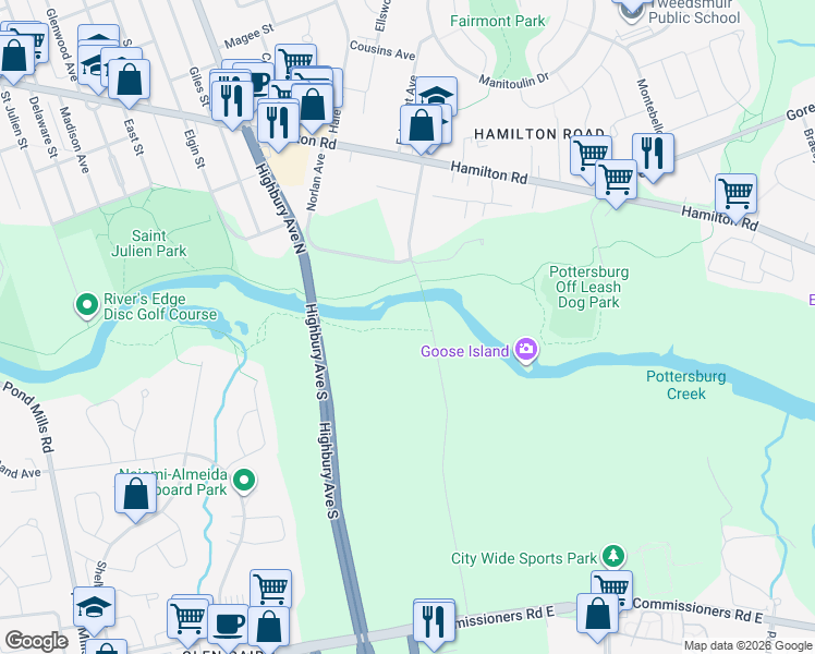 map of restaurants, bars, coffee shops, grocery stores, and more near 24 Meadowlily Road South in London