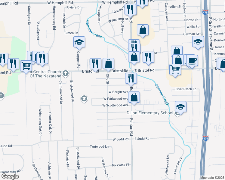 map of restaurants, bars, coffee shops, grocery stores, and more near 1072 W Bergin Ave in Flint