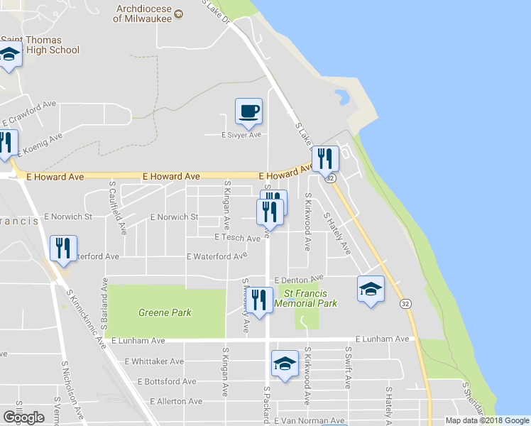 map of restaurants, bars, coffee shops, grocery stores, and more near 3592 East Norwich Court in Saint Francis