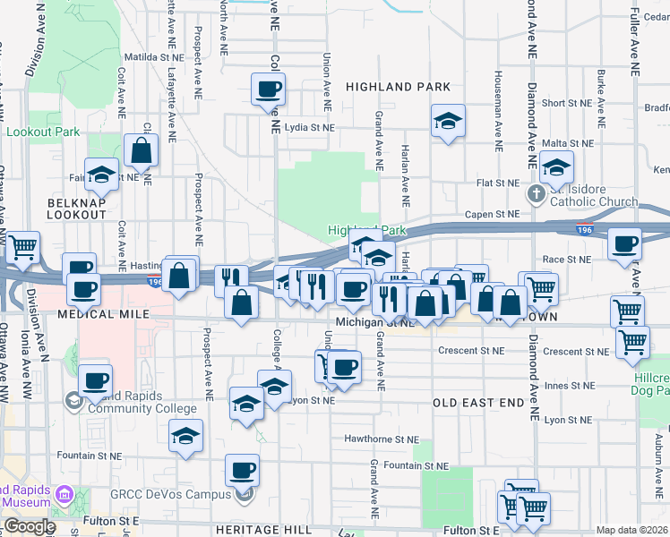 map of restaurants, bars, coffee shops, grocery stores, and more near 462 Union Avenue Northeast in Grand Rapids