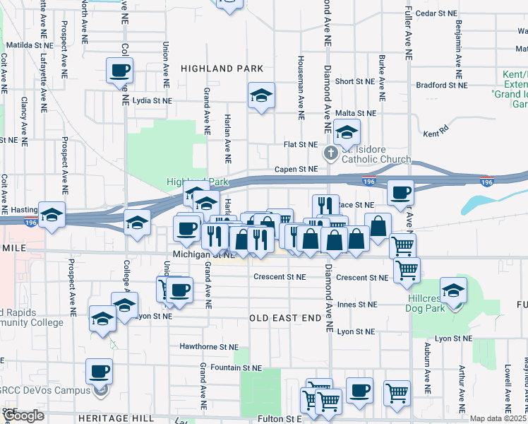 map of restaurants, bars, coffee shops, grocery stores, and more near 467 Emerald Avenue Northeast in Grand Rapids