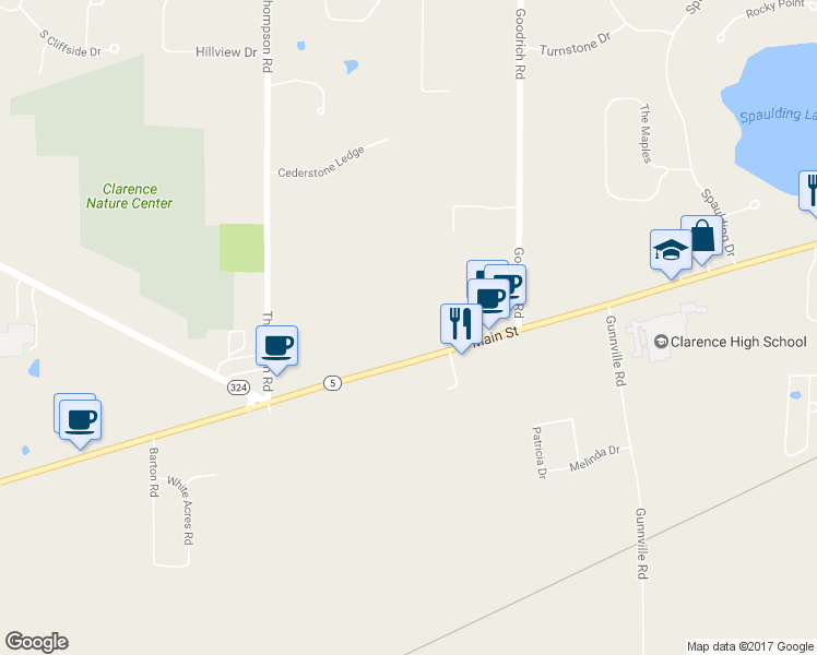map of restaurants, bars, coffee shops, grocery stores, and more near 9370 Main Street in Clarence