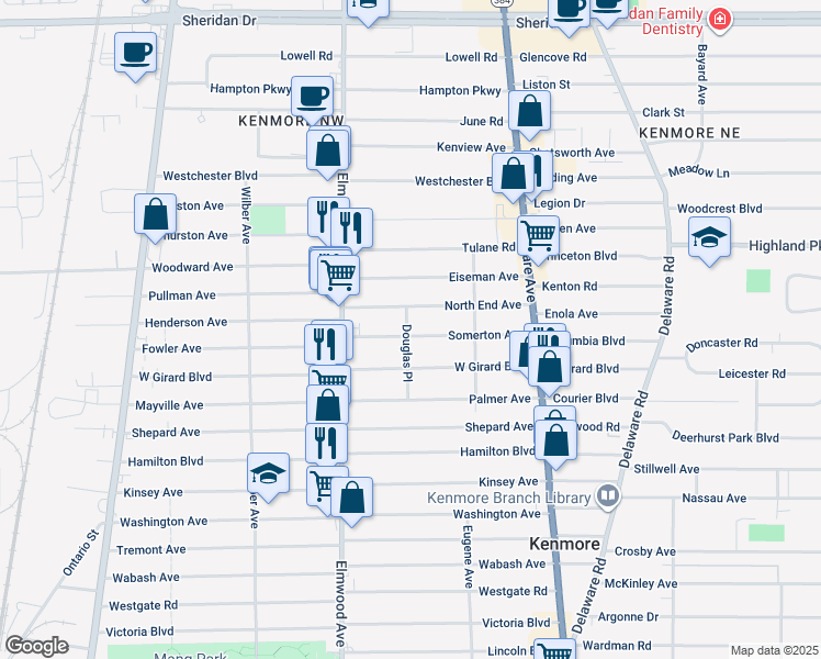 map of restaurants, bars, coffee shops, grocery stores, and more near 127 Somerton Avenue in Kenmore