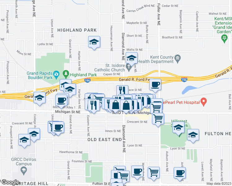 map of restaurants, bars, coffee shops, grocery stores, and more near 468 Tuttle Avenue Northeast in Grand Rapids