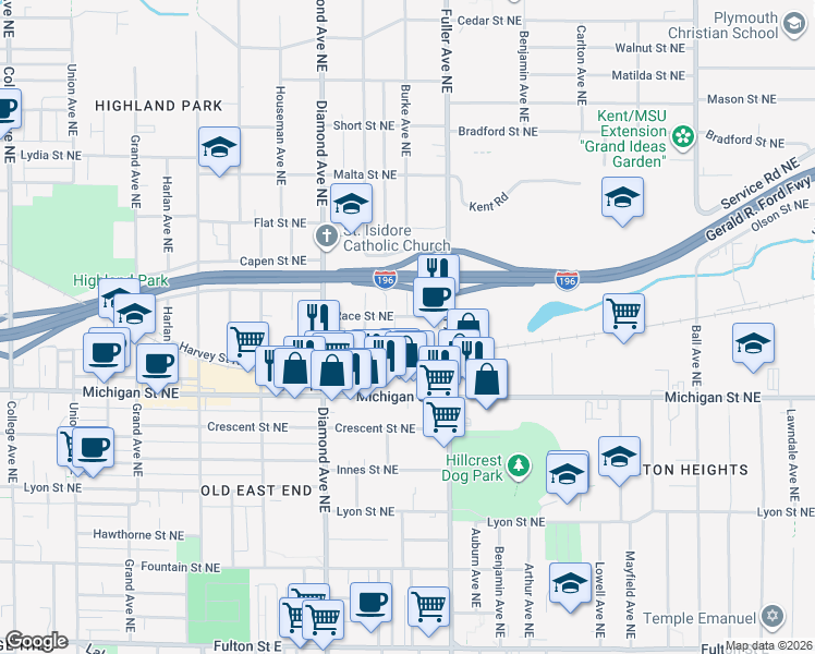 map of restaurants, bars, coffee shops, grocery stores, and more near 1100 Race Street Northeast in Grand Rapids
