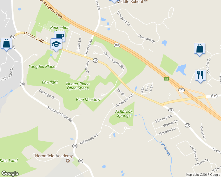 map of restaurants, bars, coffee shops, grocery stores, and more near 32 Pine Meadows Drive in Exeter