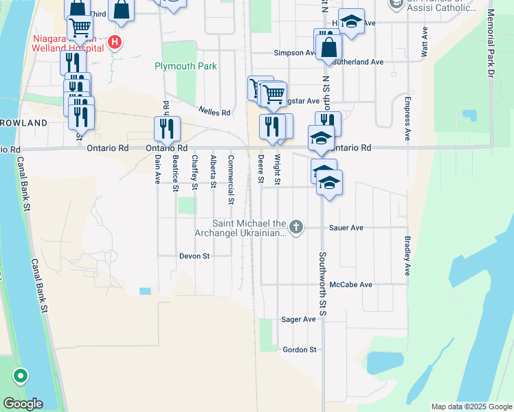 map of restaurants, bars, coffee shops, grocery stores, and more near 256 Deere Street in Welland
