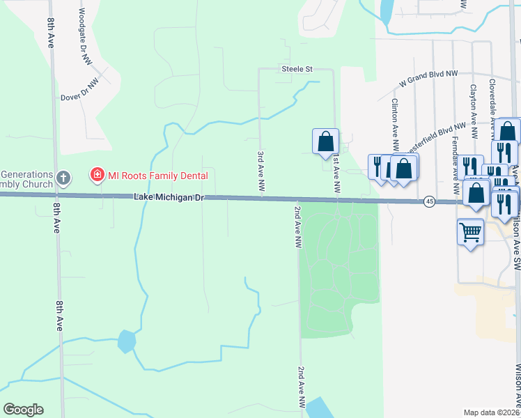 map of restaurants, bars, coffee shops, grocery stores, and more near 308 Lake Michigan Drive Northwest in Grand Rapids